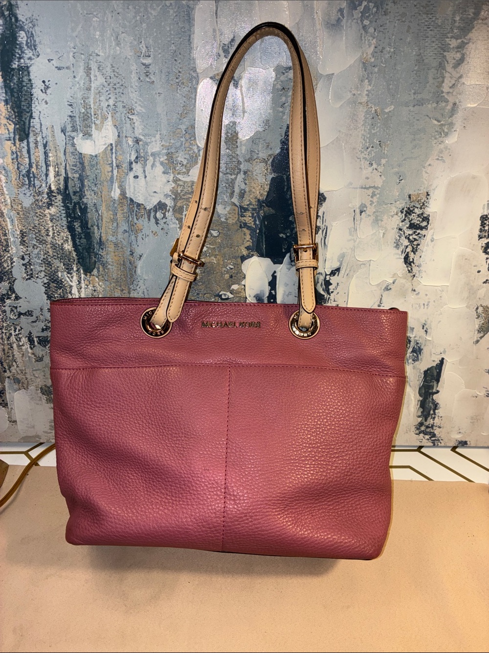 Genuine Michael Kors Rose Pink Pebbled Leather Tote with Tan Straps